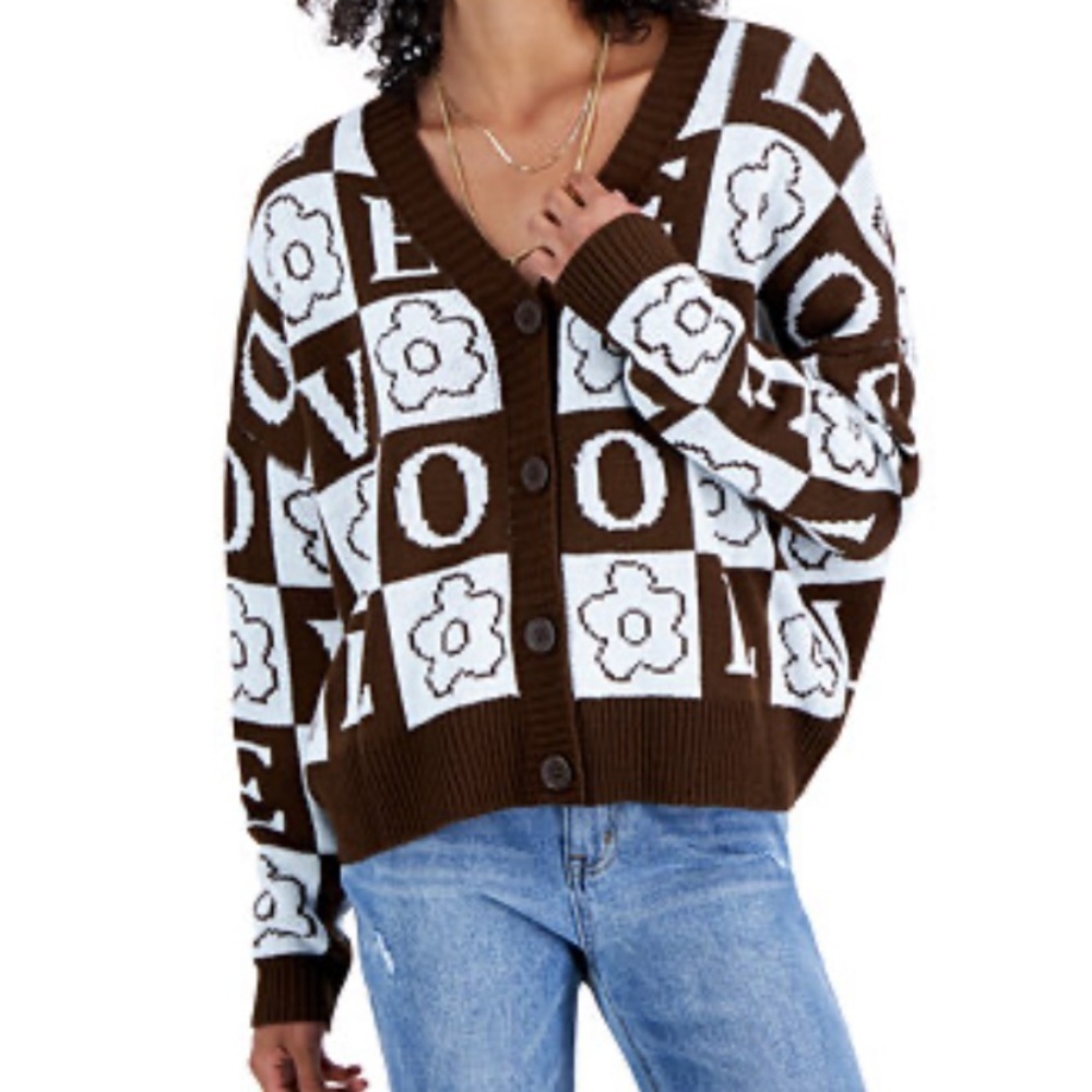 Macy Just Polly Brown and White Button Up Knit Cardigan Small